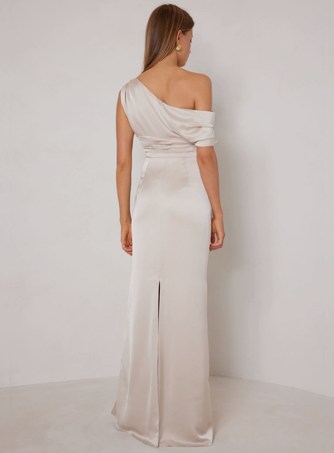 off shoulder champagne satin bridesmaid dress by elle zeitoune