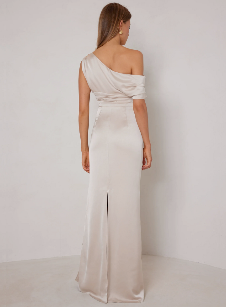 off shoulder champagne satin bridesmaid dress by elle zeitoune