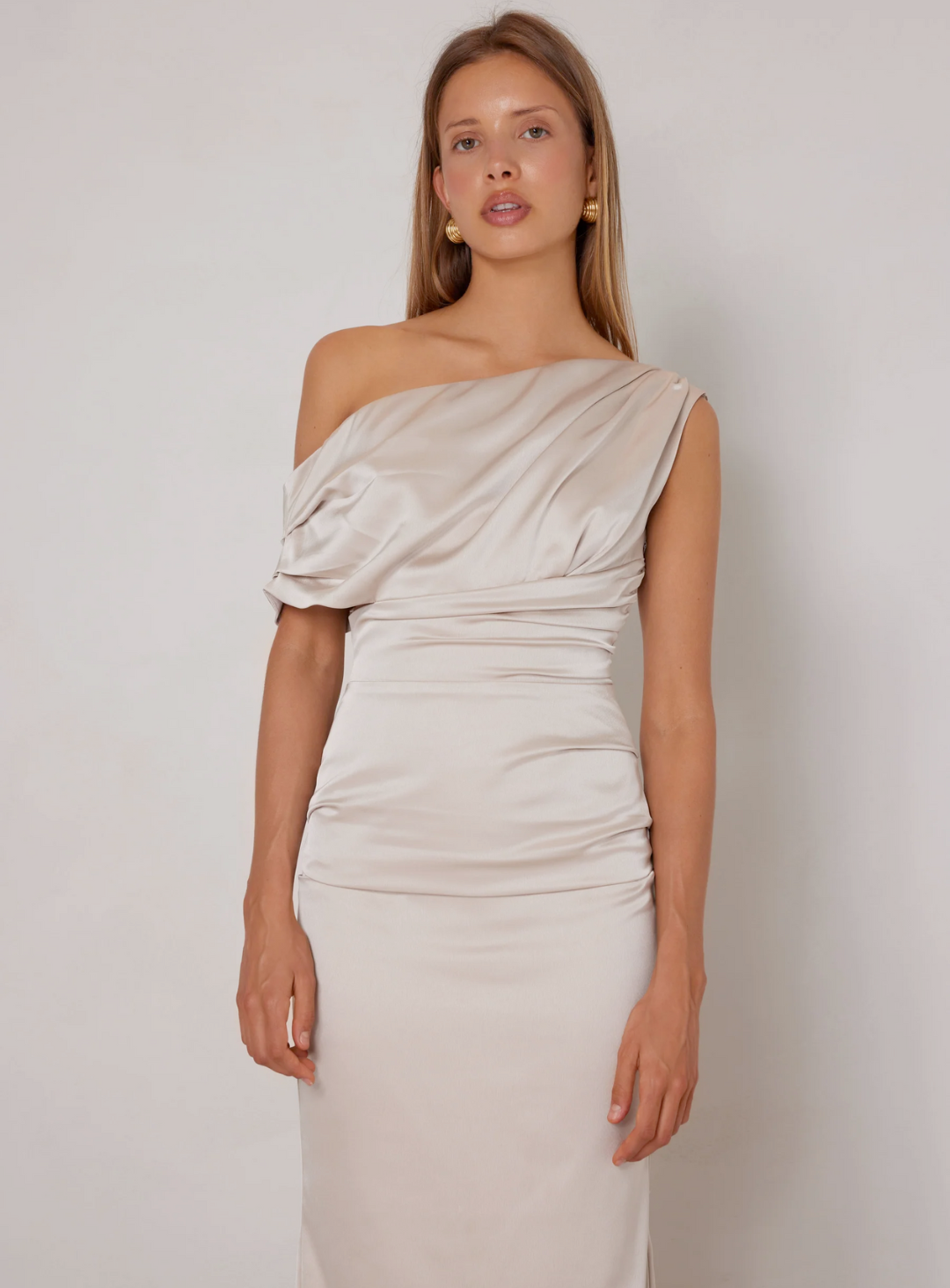 champagne satin formal dress for bridesmaids