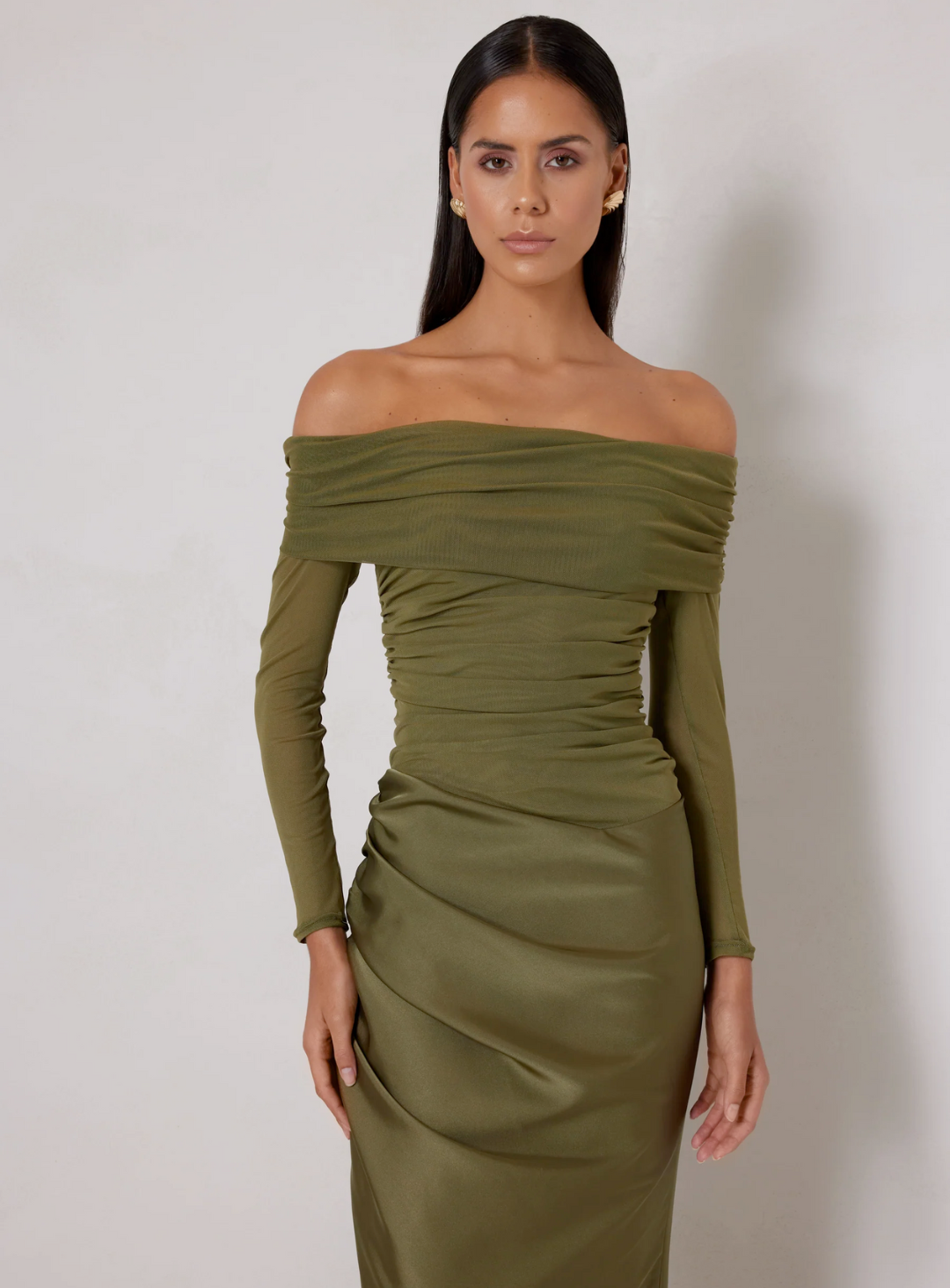 close up of the amy dress by elle zeitoune, featuring mesh bodice and satin skirt