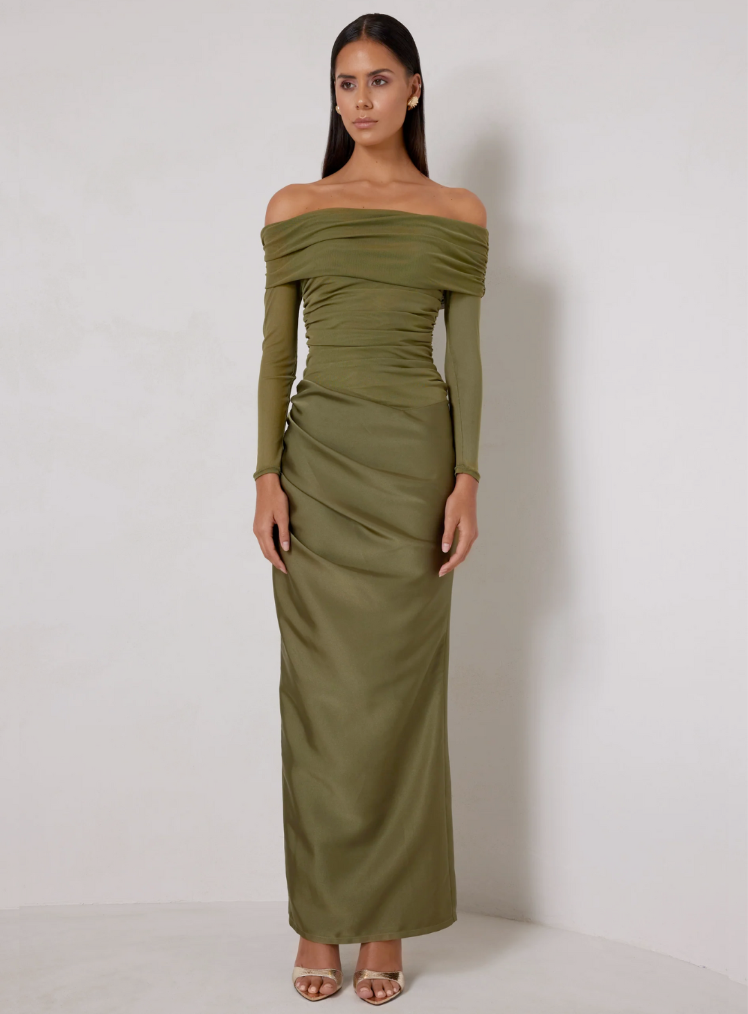 olive green off the shoulder wedding guest dress with long sleeves and ruching