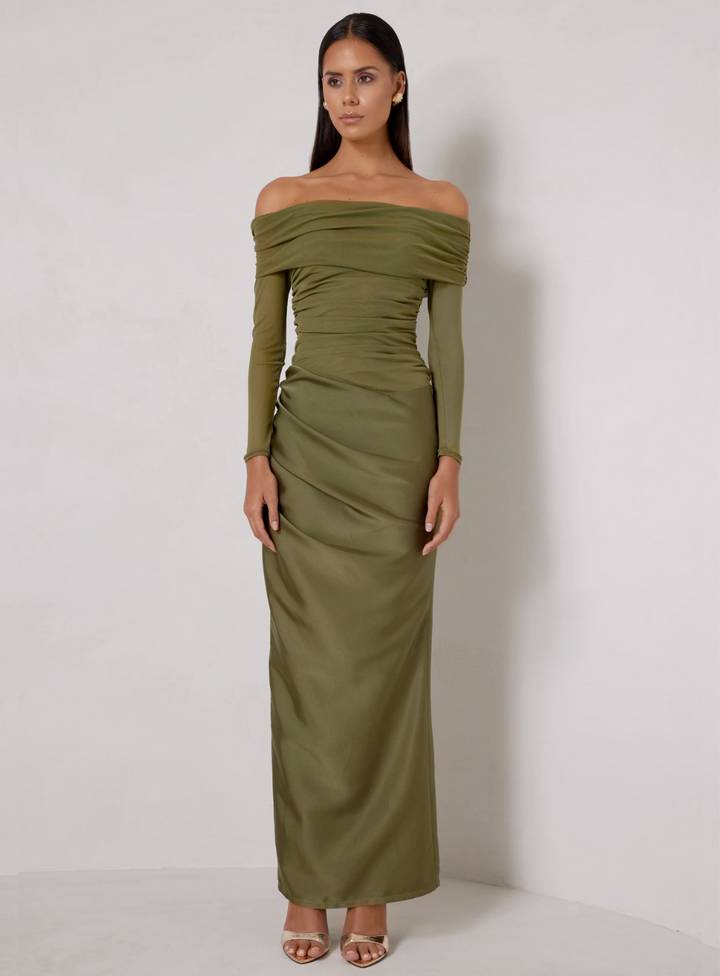 olive green off the shoulder wedding guest dress with long sleeves and ruching