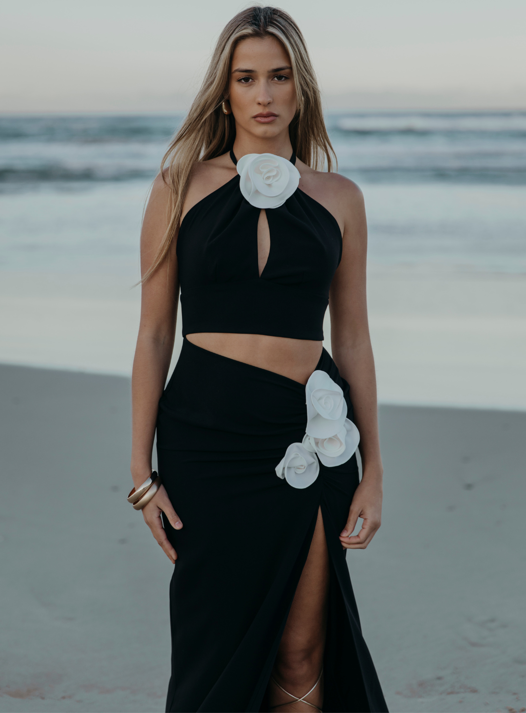 Little black dress with handmade white roses