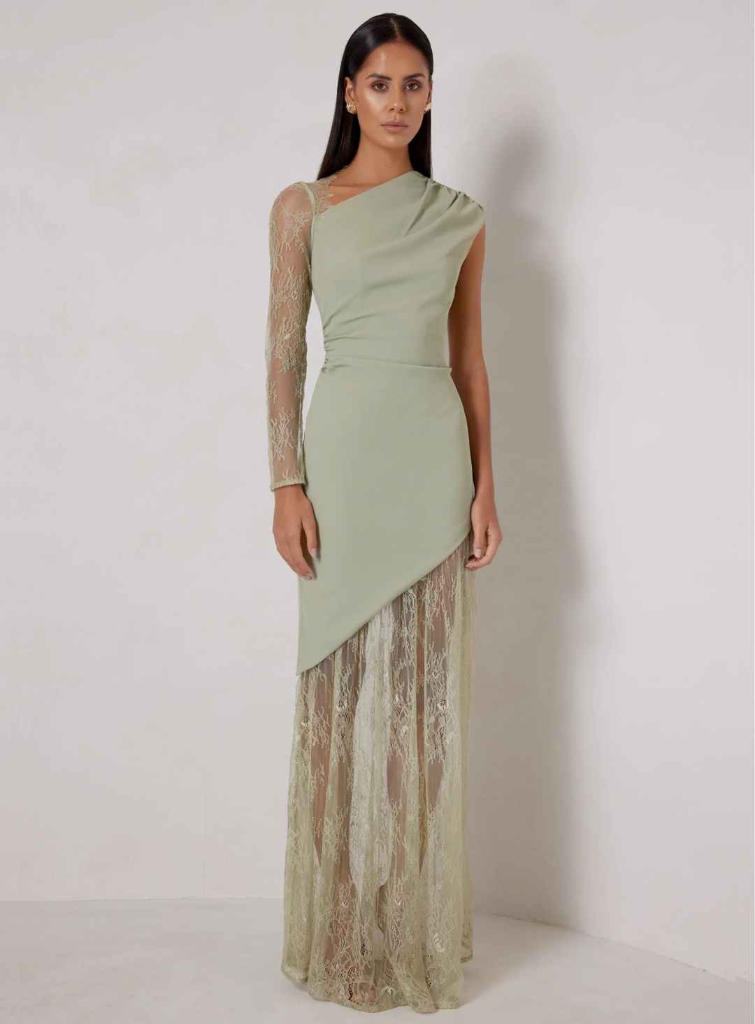 sage green wedding guest dress with lace sleeve