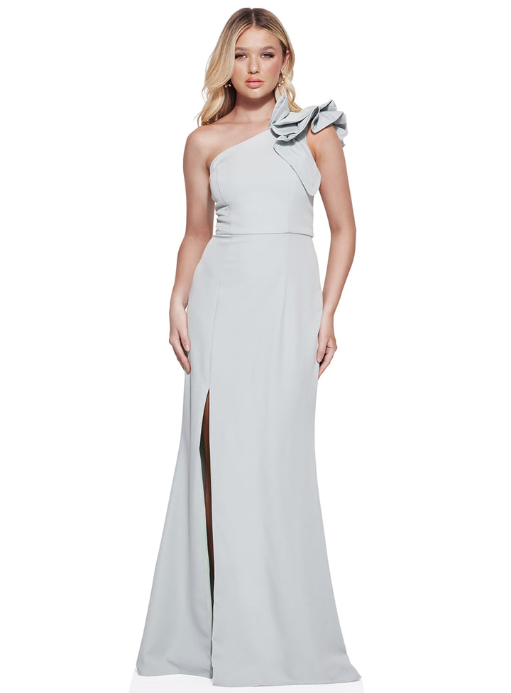 sage one shoulder bridesmaid dress by bariano