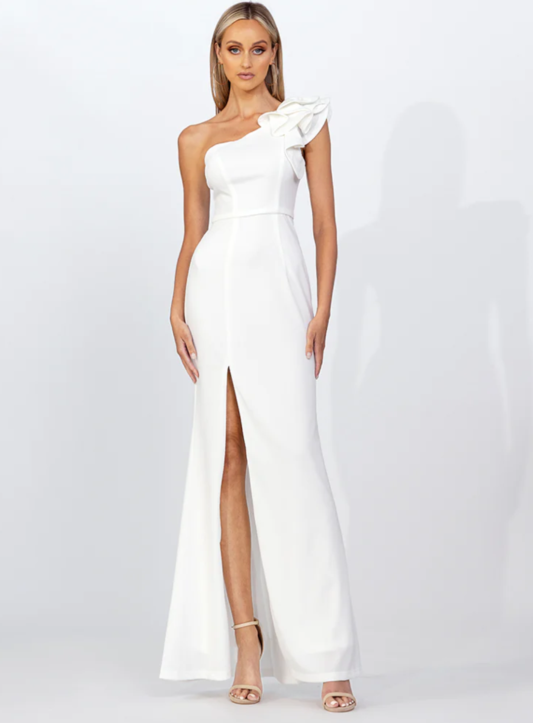 ivory one shoulder ruffle gown by ivory bridesmaid dresses