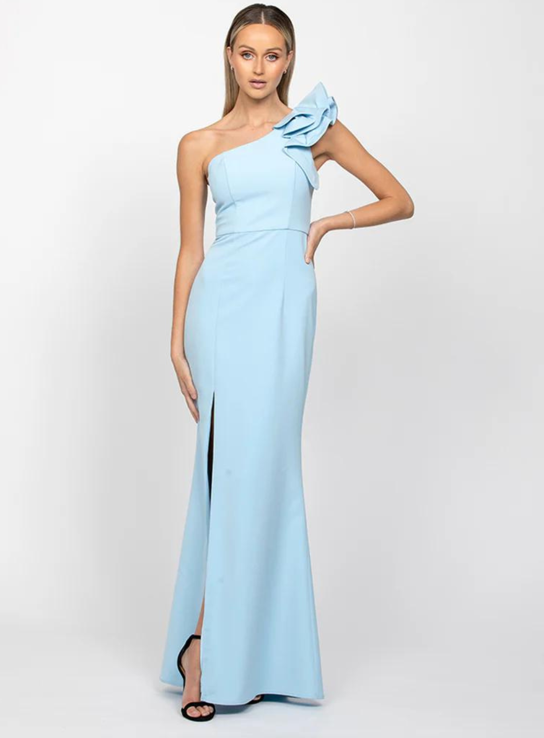 sky blue one shoulder ruffle gown by bariano for blue bridesmaids dresses