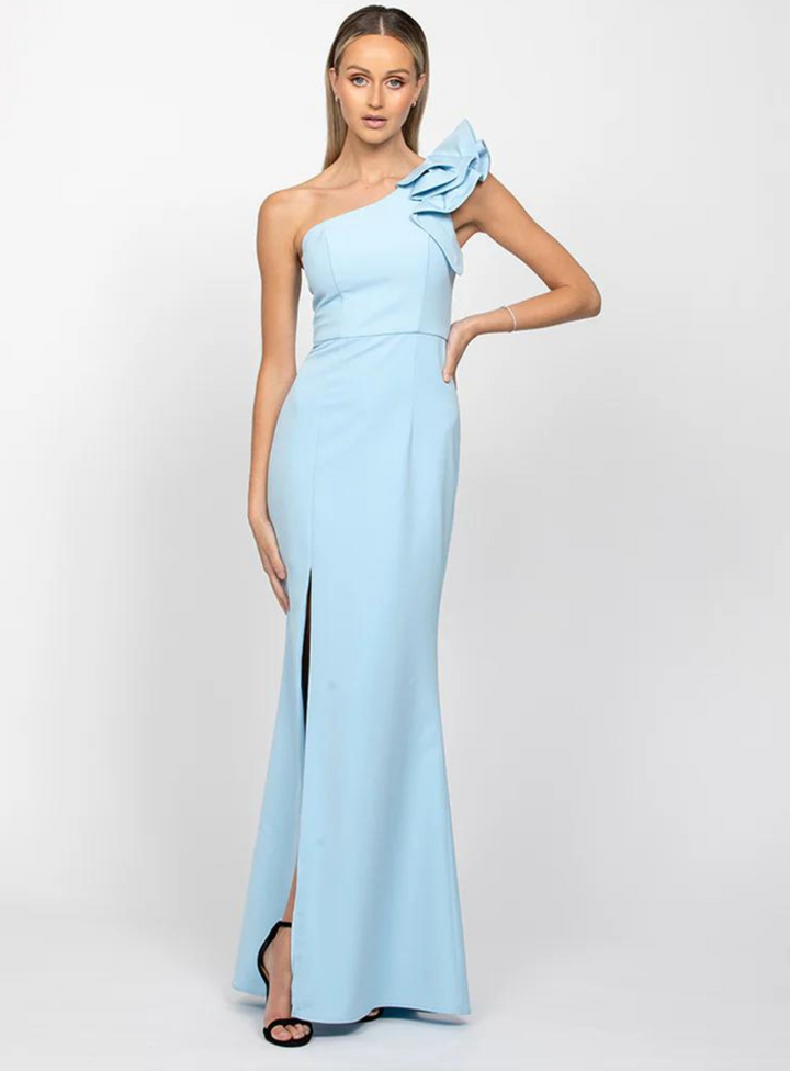 sky blue one shoulder ruffle gown by bariano for blue bridesmaids dresses