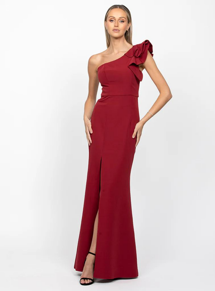 one shoulder burgundy bridesmaid dress by bariano