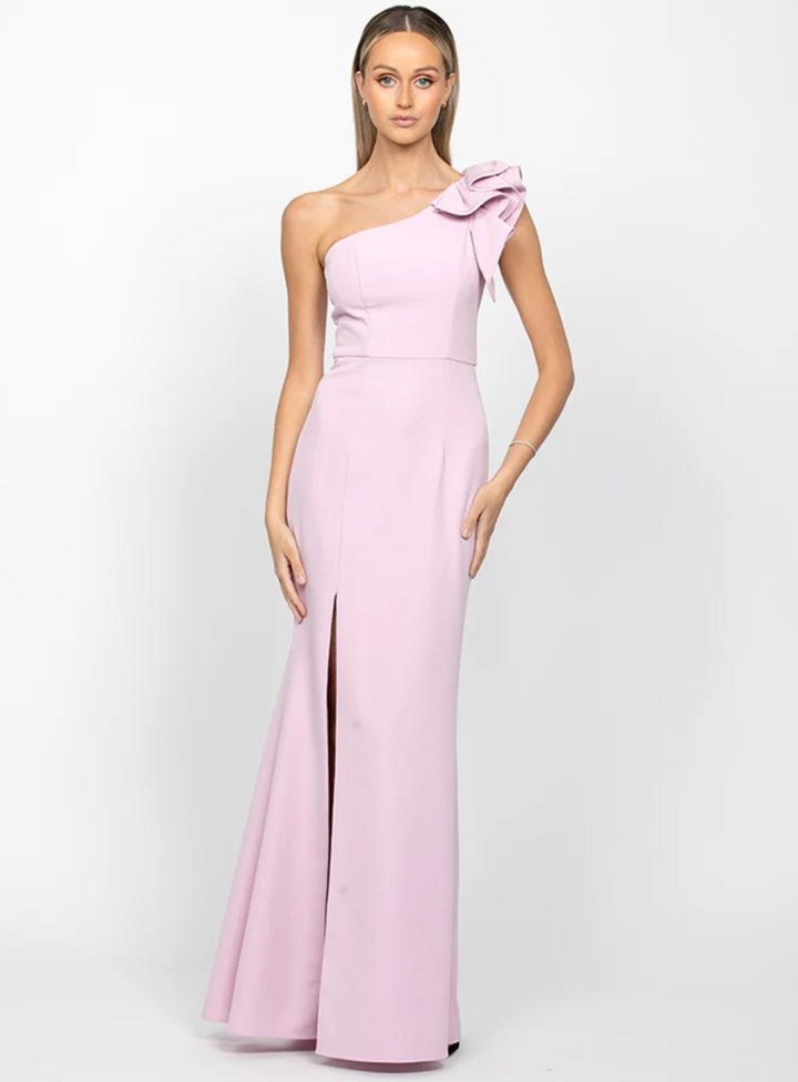 One Shoulder ruffle gown for blush bridesmaid dresses