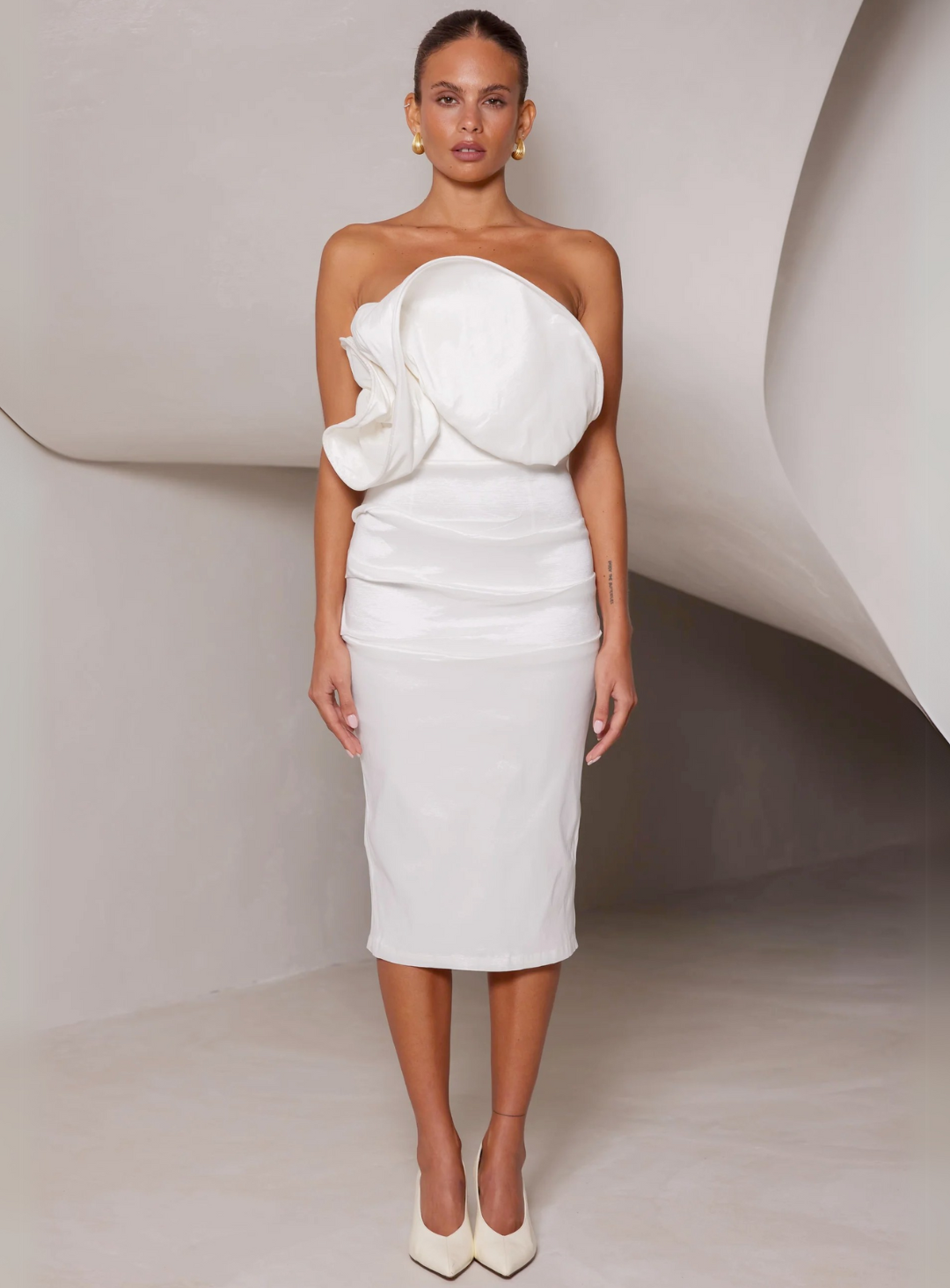 white midi dress by Elle Zeitoune for engagement party dress or bridal shower dress