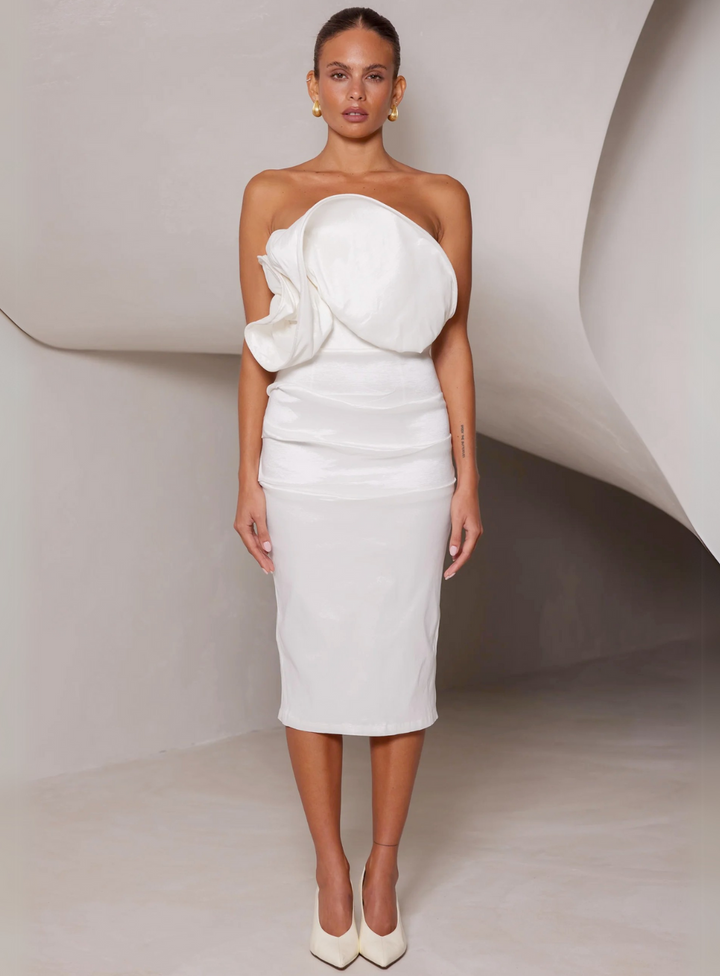 white midi dress by Elle Zeitoune for engagement party dress or bridal shower dress