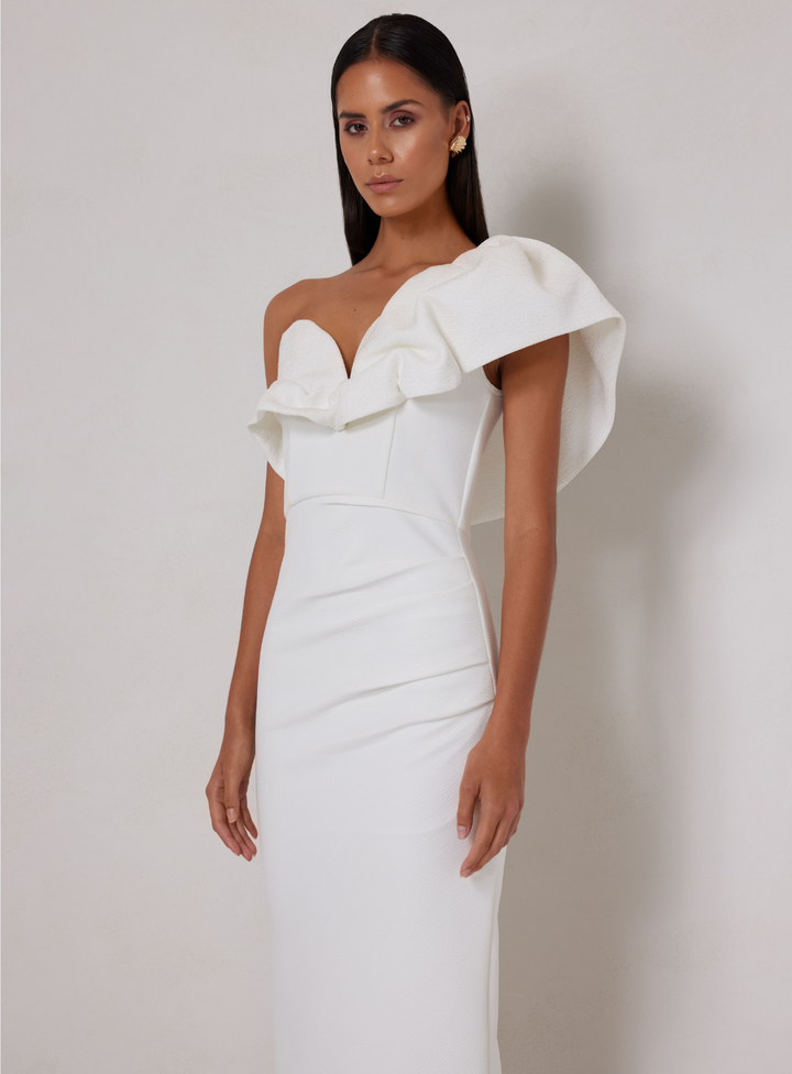 3d one shoulder detailing on the white sharleene dress by elle zeitoune