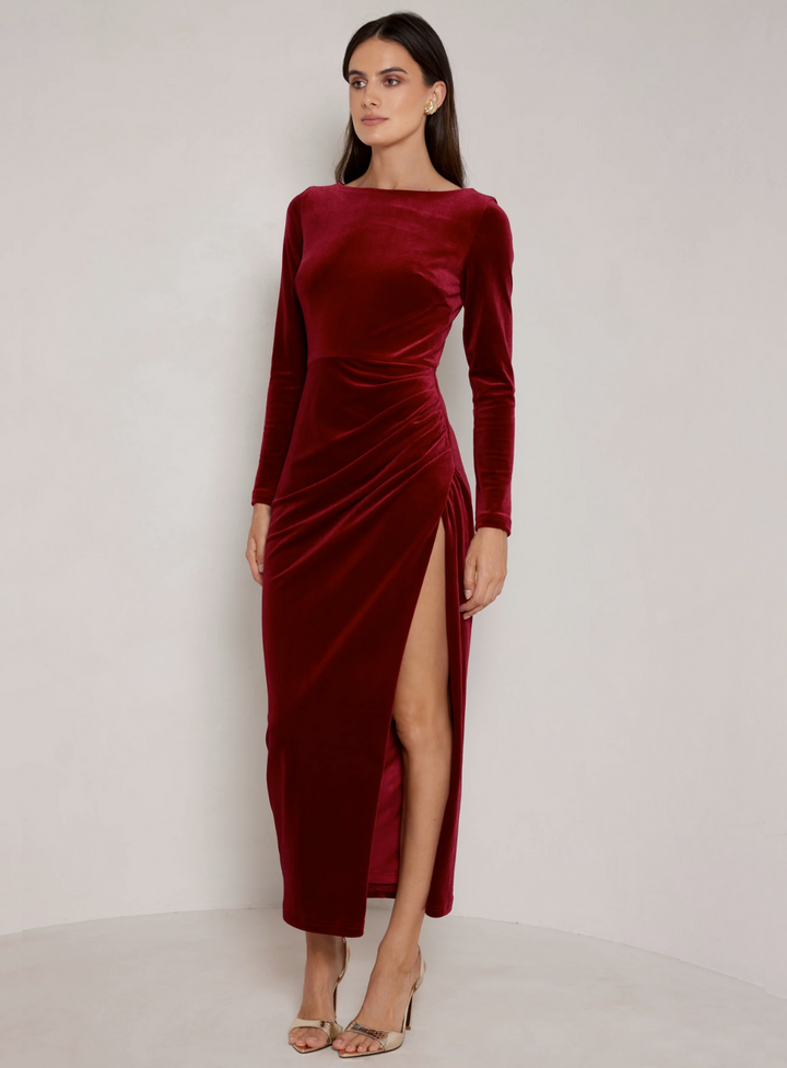 wine velvet long sleeve winter wedding guest dress