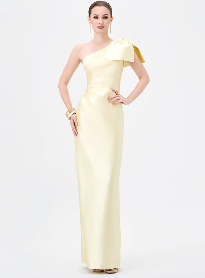 asymmetric maxi dress in soft yellow for bridesmaids
