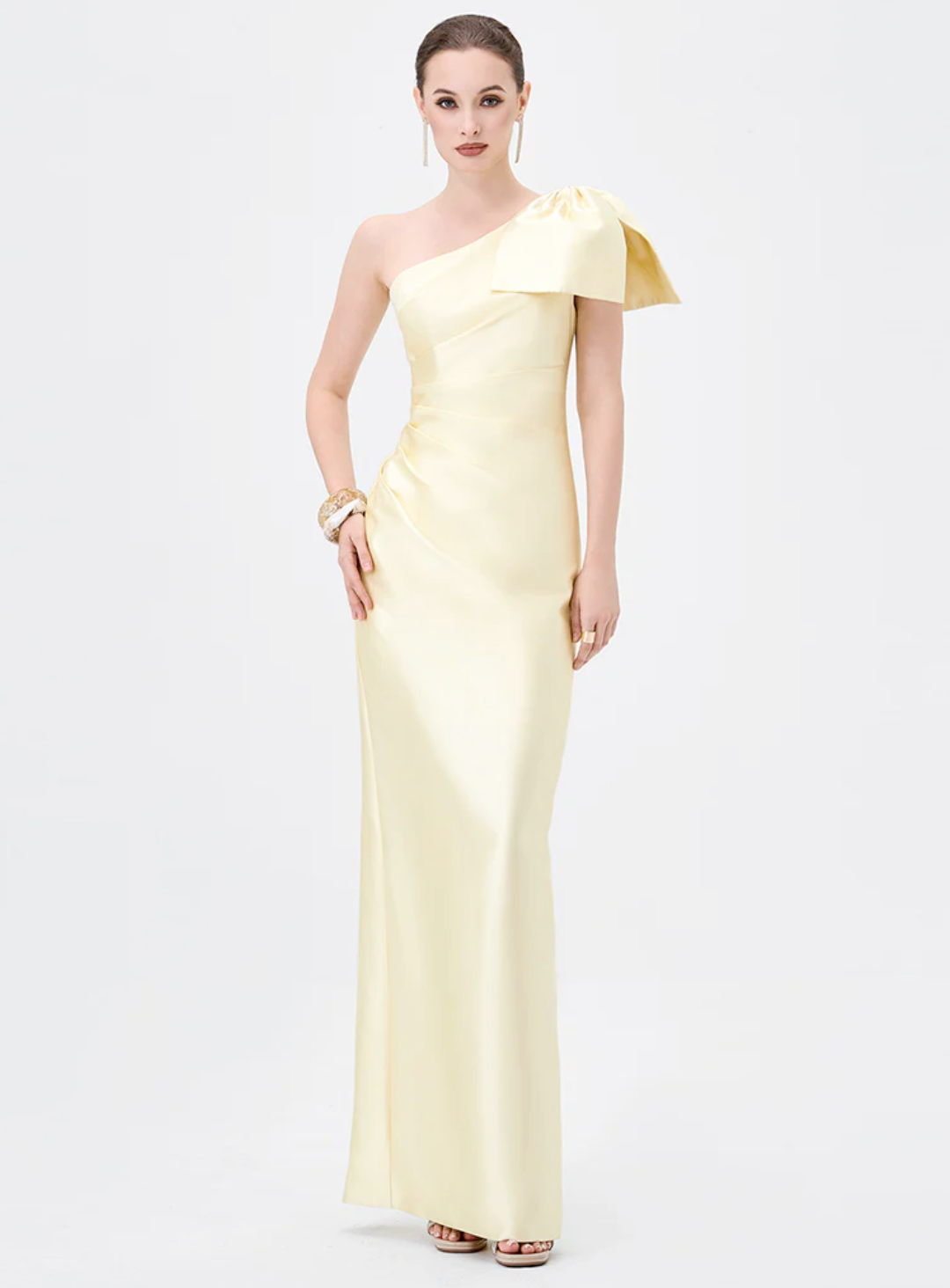 one shoulder yellow dress with bow detail