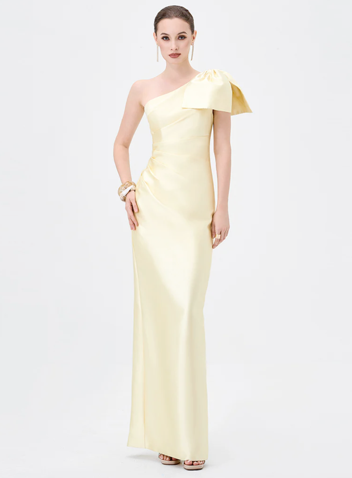 one shoulder yellow dress with bow detail