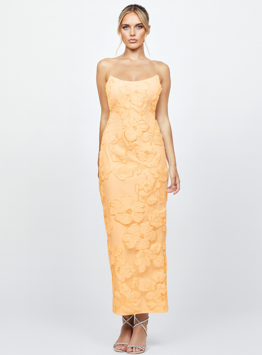 strapless yellow wedding guest dress by Bariano
