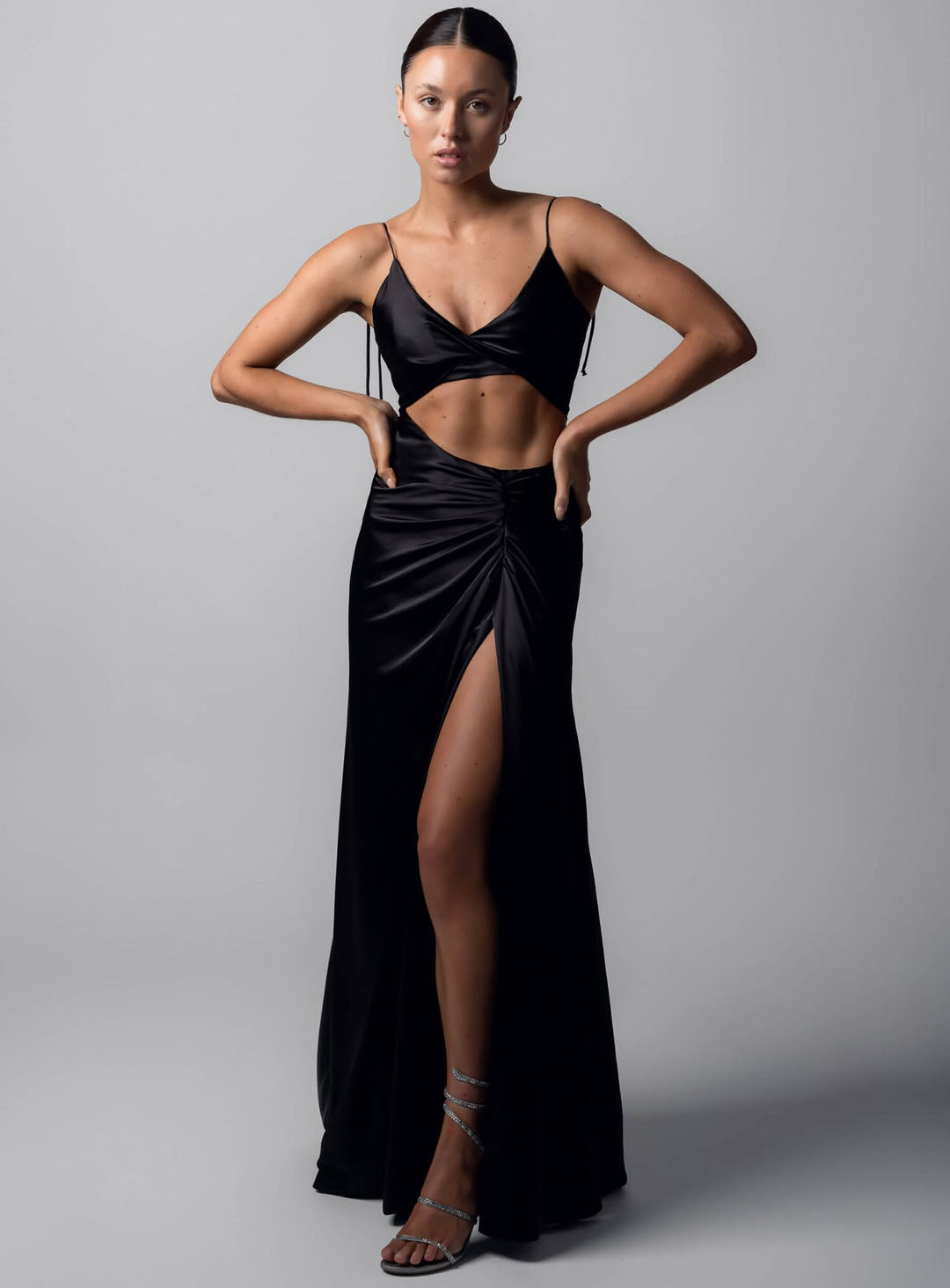black satin dress for a formal occasion