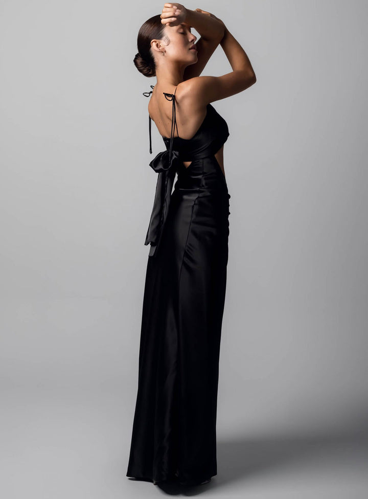 satin maxi dress for a black tie wedding guest