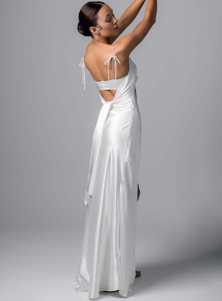 Open back and sash detail on the back of the ivory satin adri dress by adri