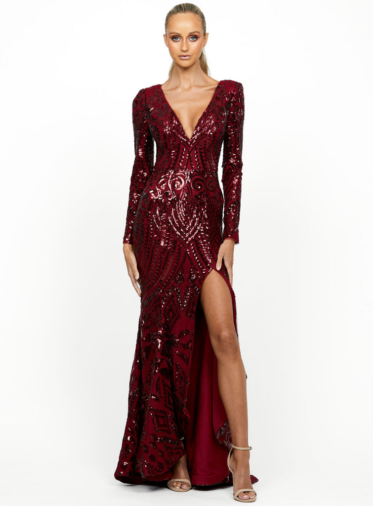 bariano red sequin dress Radiance Long Sleeve Gown – White Runway