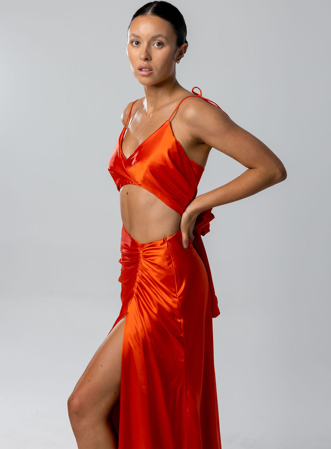 close up of red lava adri dress