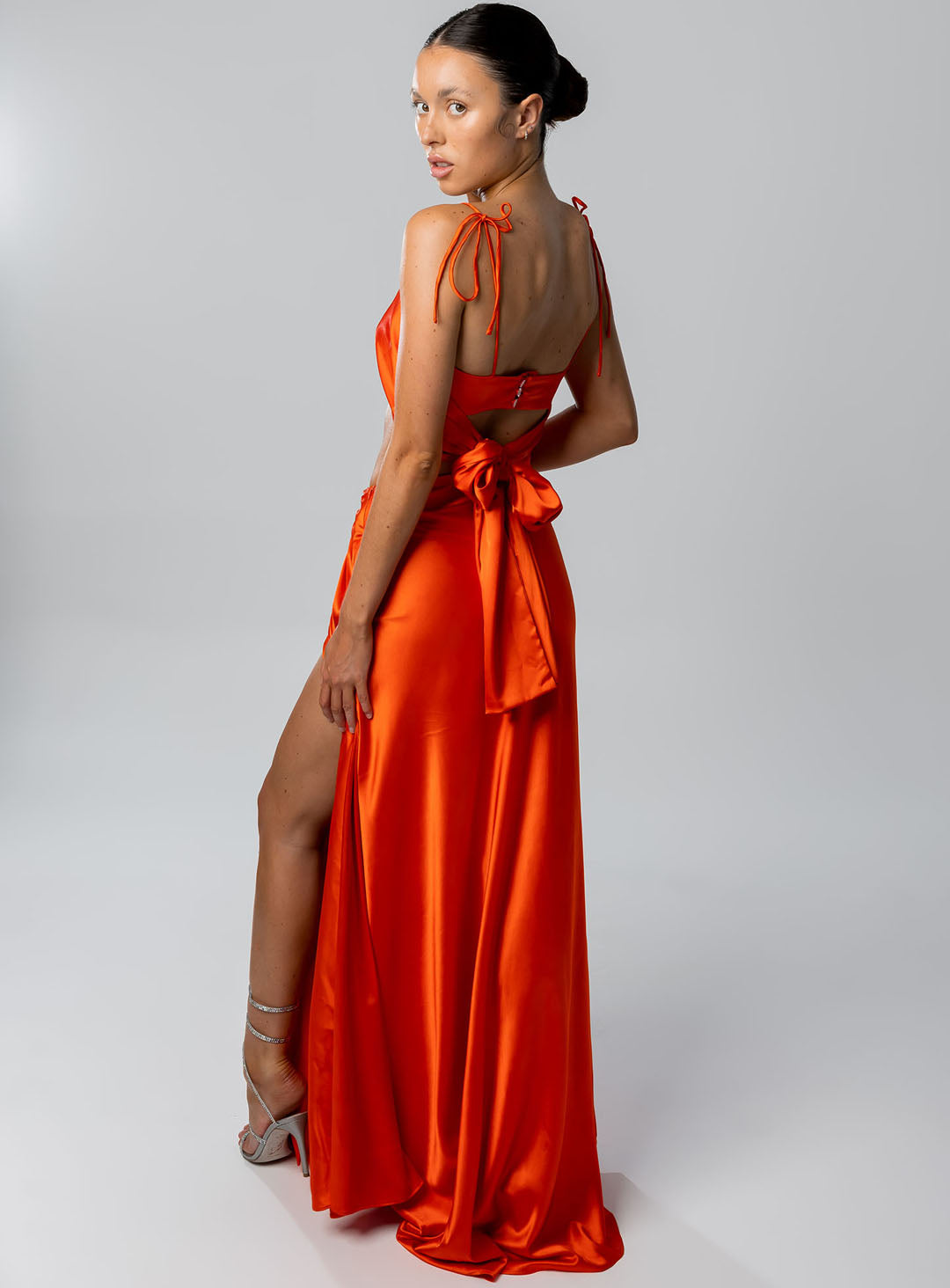red formal dress with tie up back and split