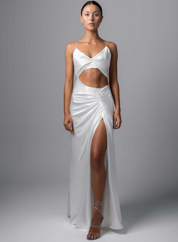 Ivory satin dress for an engagement party