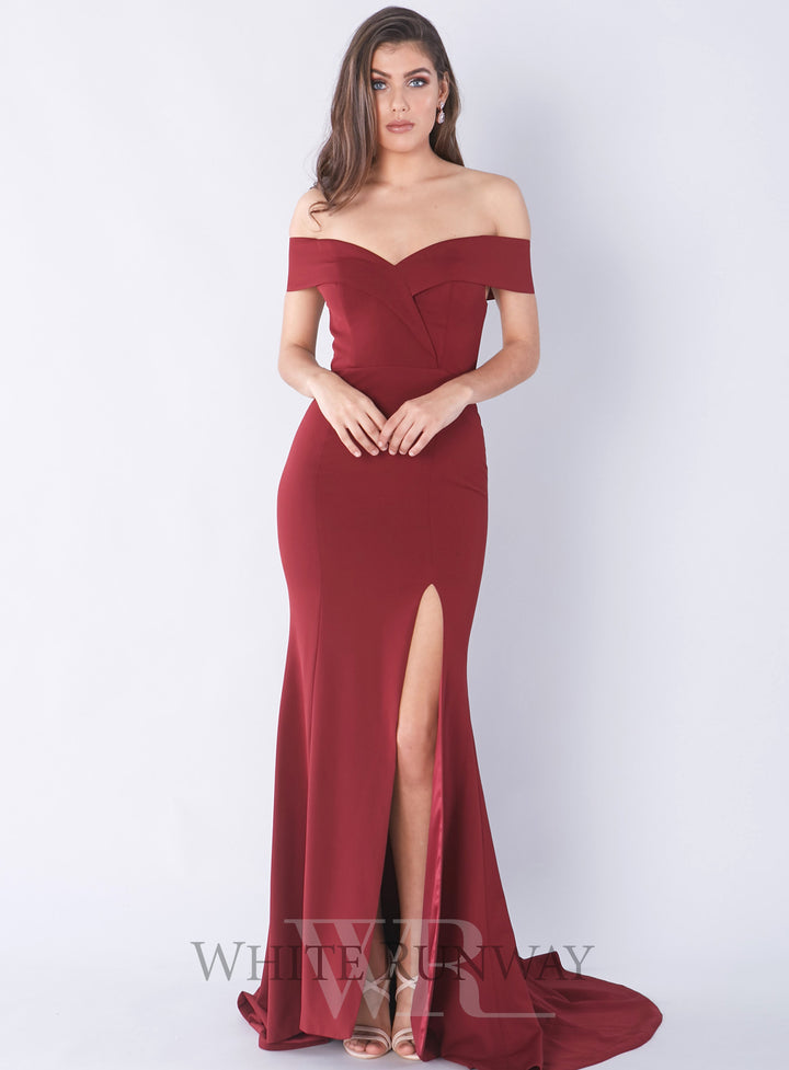 Red off shoulder gown